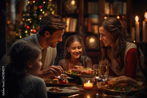 A heartwarming family gathering around a holiday dinner table, radiating love, unity, and festive cheer. Generative Ai.