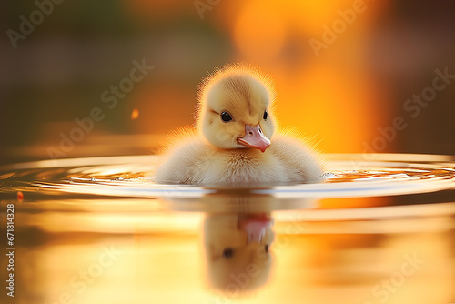 cute duckling bathing in the river on blurred background of sunlight photo