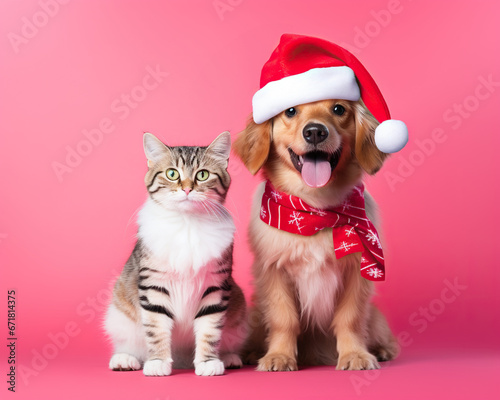 Joyful dog in a Santa hat and cat posed on a pink backdrop. © tania_wild