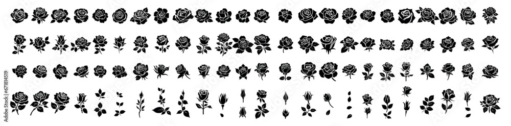 Rose silhouette on a transparent background, cut of a flower with buds and leaves, vector set for stencil