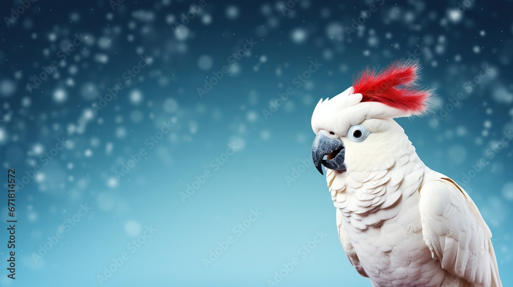 Obraz premium Majestic white cockatoo taking center stage in a wintry wonderland, surrounded by shimmering holiday ornaments.