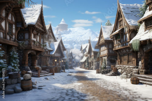 A quiet, snow-covered village during the holiday season, radiating the charm and coziness of winter. Generative Ai. © Sebastian