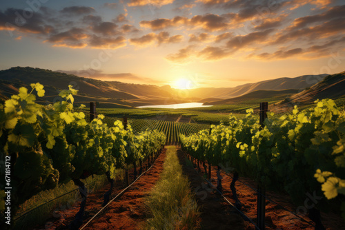 A sun-kissed vineyard with rows of grapevines, where the art of winemaking comes to life. Generative Ai. photo