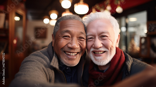 Senior gay multiracial couple taking a selfie photo