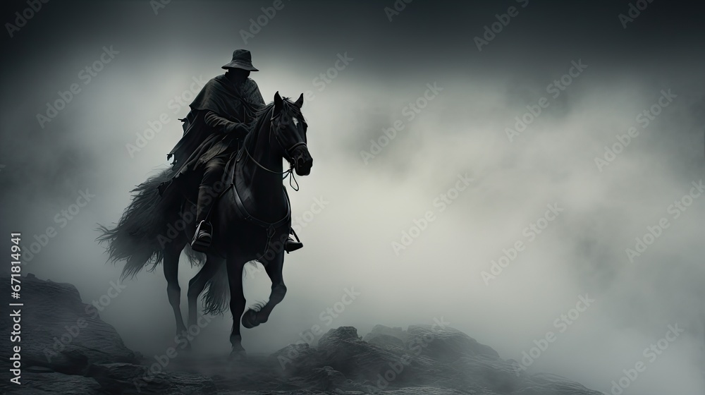 Obraz premium a man riding on the back of a black horse in a foggy field with a gun in his hand. generative ai