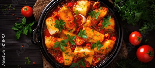 Cod traditionally prepared the Spanish way accompanied by boiled potatoes olivki and basil all garnished with a top down view in a flavorful tomato sauce