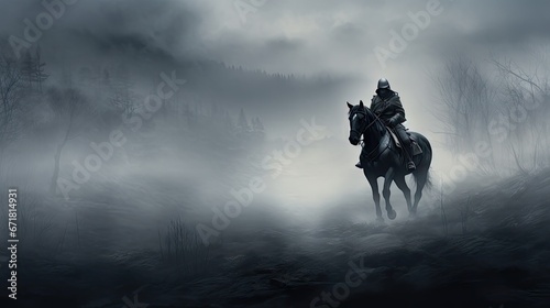 a man riding on the back of a black horse through a foggy forest on a dark  foggy day.  generative ai