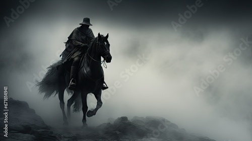  a man riding on the back of a black horse in a foggy field with a gun in his hand.  generative ai