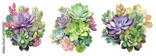 Green and colored succulents on a white background. Tropical plants. Watercolor botany.