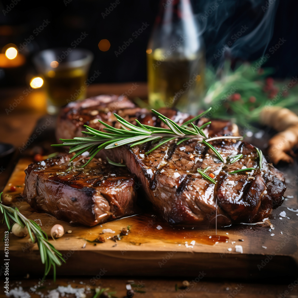 Grilled beef steak with spices and herbs on wooden background. Top view, copy space