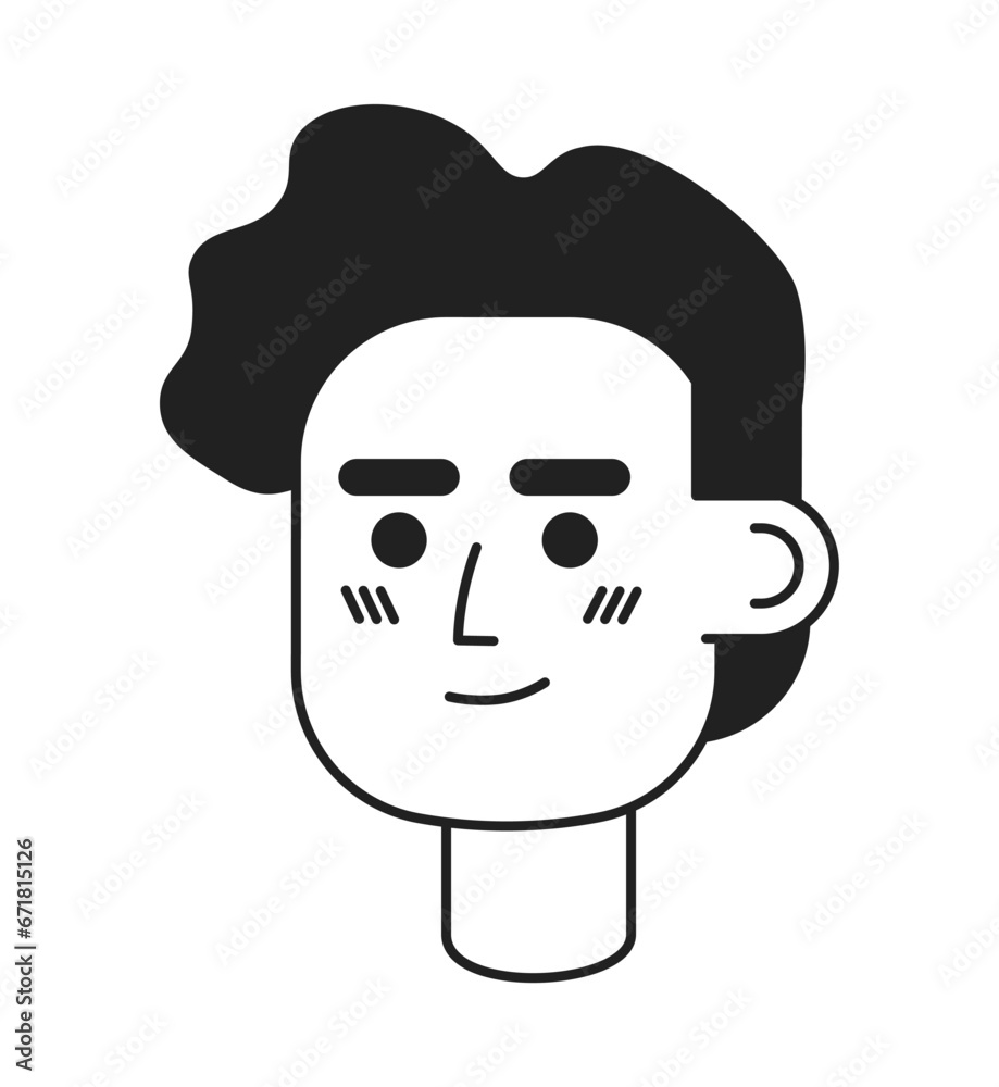 Middle eastern young guy black and white 2D vector avatar illustration. Male arabic smiling outline cartoon character face isolated. Curly hair adult man friendly flat user profile image, portrait Middle eastern young guy black and white 2D vector avatar illustration. Male arabic smiling outline cartoon character face isolated. Curly hair adult man friendly flat user profile image, portrait
