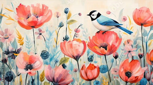  a painting of a bird sitting on top of a bunch of flowers in a field of red, pink, and blue flowers.  generative ai
