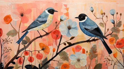  a painting of two birds perched on a branch with flowers in front of a pink and yellow background with orange and white flowers.  generative ai © Olga