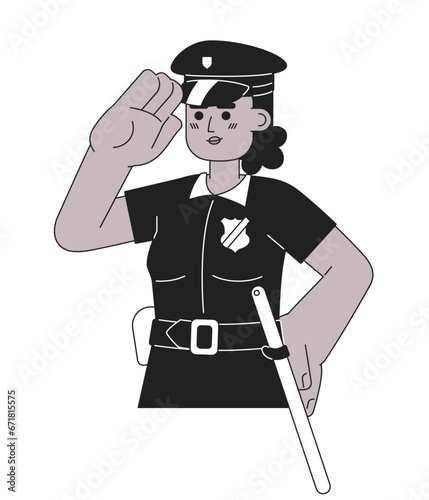 Detective police officer african american woman black and white 2D cartoon character. Black cop policewoman isolated vector outline person. Constable saluting monochromatic flat spot illustration