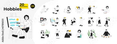 Hobbies leisure activity black and white cartoon flat illustration bundle. Hobbyists diverse people linear 2D characters isolated. Painter, actor, fisherman monochromatic vector image collection