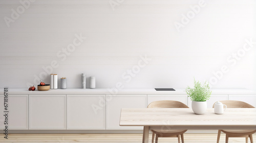 modern kitchen, empty table top with stainless steel appliances. Empty wooden table. generative ai