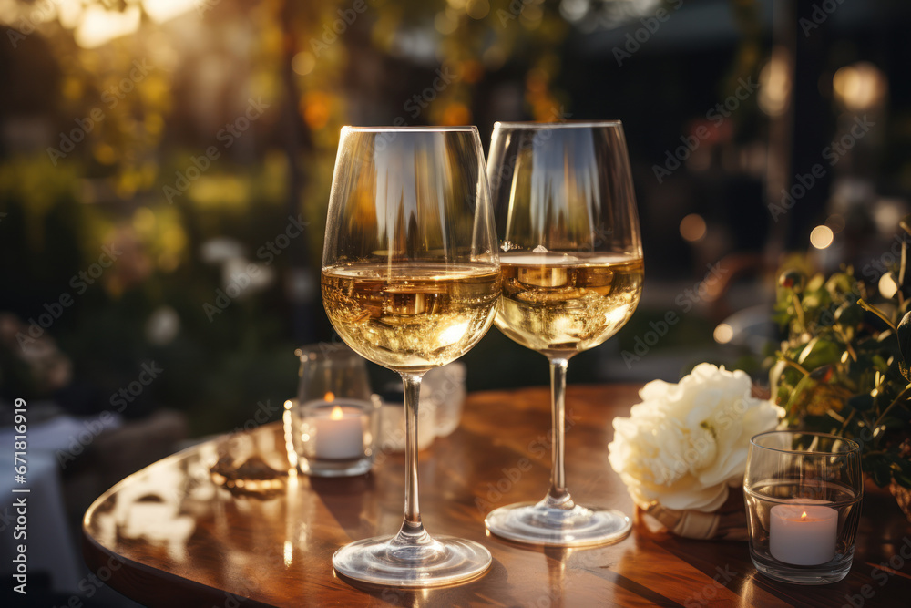 close-up of two glasses of white wine and candles on the table close-up of two glasses of white wine and candles on the table