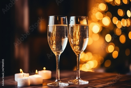 close-up of two glasses of champagne and candles on a blurred background