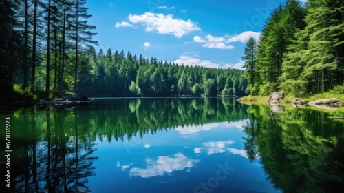  a body of water surrounded by trees and a blue sky with a few clouds in the sky and a few clouds in the water.  generative ai