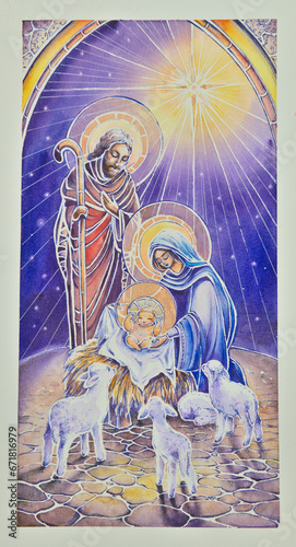 
Christmas nativity scene with the Holy Family watercolor illustration, Madonna, child Jesus, Saint Joseph.