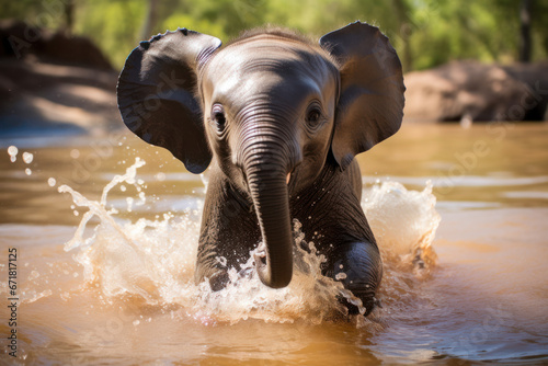 the little baby elephant enters the water with splashes and pleasure