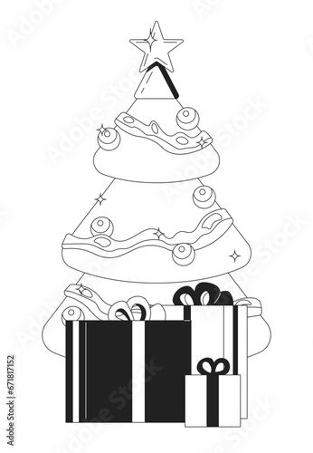 Gifts christmas tree black and white 2D cartoon object. Spruce new year. Giftbox xmas tree isolated vector outline item. Festive celebration. X mas fir gift boxes monochromatic flat spot illustration