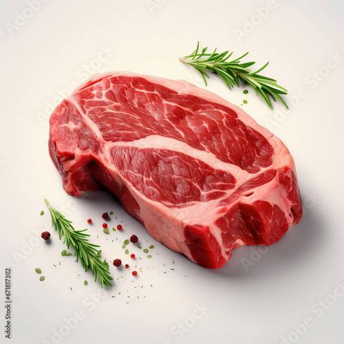 Raw beef steak with rosemary and spices on a black background, closeup, top views, copy space