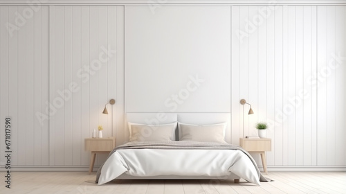 White wooden wardrobe in scandinavian style interior design background modern cozy bed room