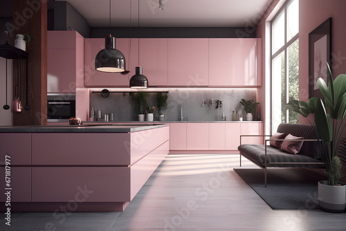 Kitchen interior in pink colors in modern house.