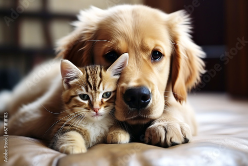 Cute dog and cat lying together on bed,friendship animals