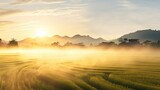  the sun is setting over a large field of crops in the middle of a rural area with mountains in the background.  generative ai