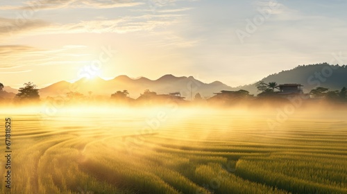  the sun is setting over a large field of crops in the middle of a rural area with mountains in the background. generative ai