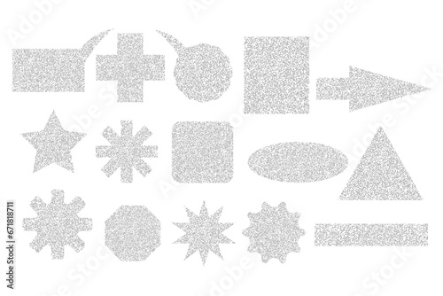 Set of different symbols and signs made of sand texture. Geometric shapes and icons with grainy noise effect. Grunge star, cross, heart, arrow, square, rectangle, triangle, oval, speech bubble. Vector