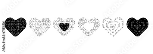 Collection of heart shape icons with sandy texture. Different symbols and signs in the form of a heart with a grainy noise effect in black. Vector illustration.