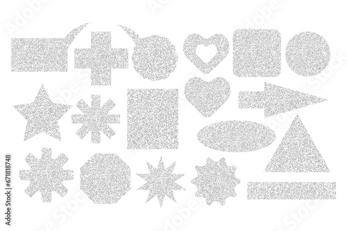 Set of geometric shapes made of grainy sandy texture. Abstract grainy noise template, grunge effect. Star, heart, arrow, square, oval, rectangle, triangle, circle, speech bubble. Vector illustration.