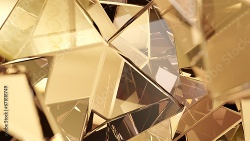 Fototapeta Naklejka Na Ścianę i Meble -  Elegant background with a polygonal crystal form. A 3D abstraction of a geometric jewelry surface. Scenes with gold reflection crystals in the background.