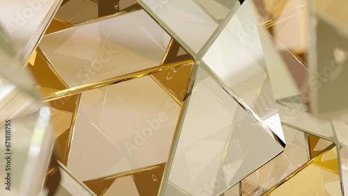 Fototapeta Naklejka Na Ścianę i Meble -  Stylish background with a polygonal crystal form. A 3D abstraction of a geometric jewelry surface. Background scenes with gold reflection crystals.
