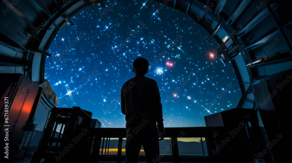 Scientist studying stars through large telescope, cosmology - obrazy, fototapety, plakaty 