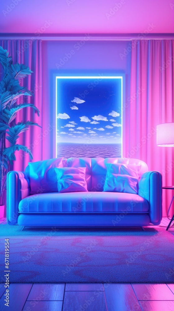 Beautiful Modern living room with sofa, indoor plants and neon lights Beautiful Modern living room with sofa, indoor plants and neon lights