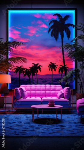 Modern living room with sofa, indoor plants and neon lights