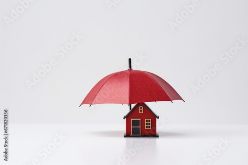 Miniature house under red umbrella, insurance concept, on white background