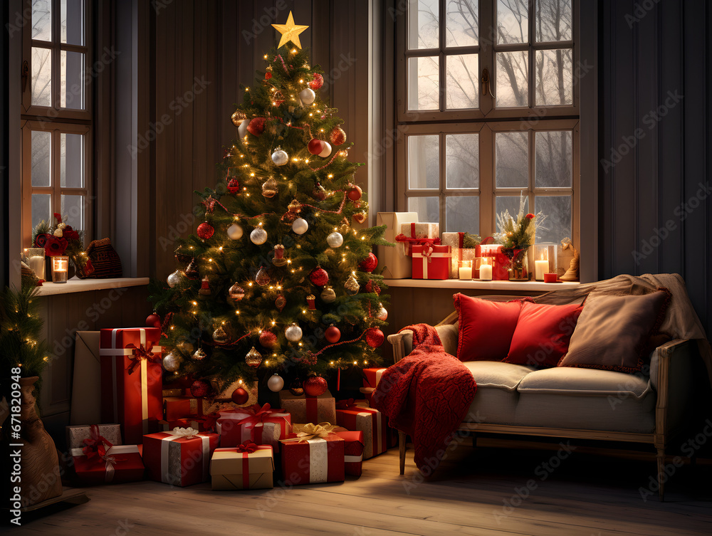 Cozy Christmas scene in a living room with a Christmas tree and presents 
