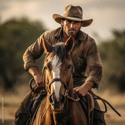 A man in a cowboy hat riding a horse, AI
