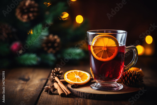 Christmas red wine mulled wine with spices and fruits on a wooden rustic table with fir tree. Traditional hot drink at Christmas