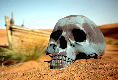 Illustrative image resulting from a 3D rendering of a skull object made from iron metal, with a bokeh background of an old boat object and a desert landscape.