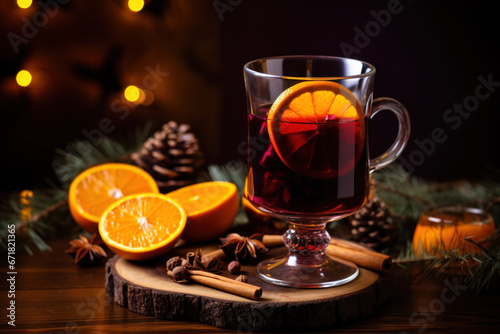 Christmas red wine mulled wine in a glass with spices and fruits on a wooden rustic table with fir tree. Traditional hot drink at Christmas