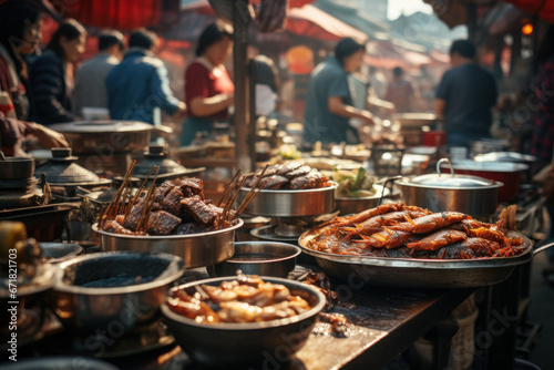 A bustling China street market filled with diverse street foods and local delicacies, offering a Concept of culinary exploration. Generative Ai. © Sebastian