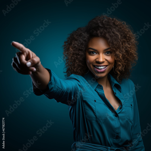 black woman pointing upwards and to her right