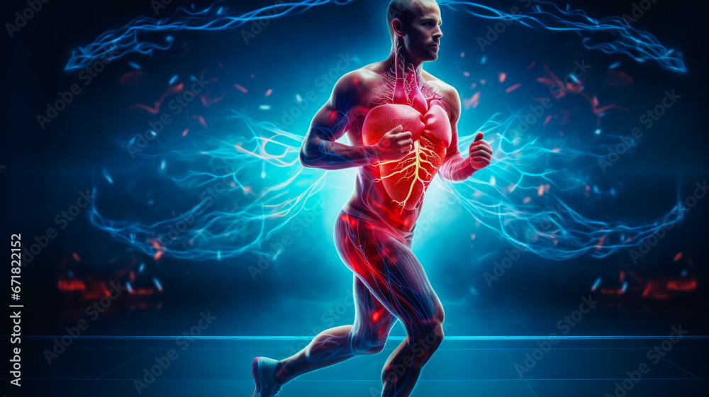 Man running with visualized healthy blood flow and heart.