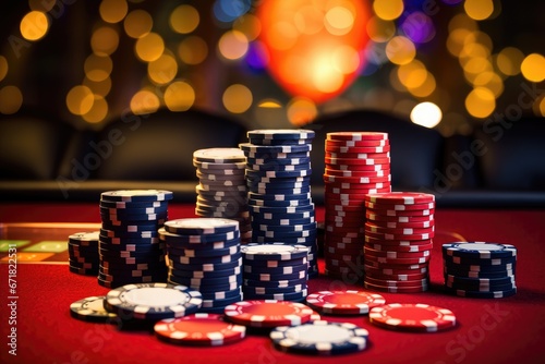 Poker chips for casino games, roulette, table gambling. Photo against the background of the casino club for various advertising banners, games, posters.